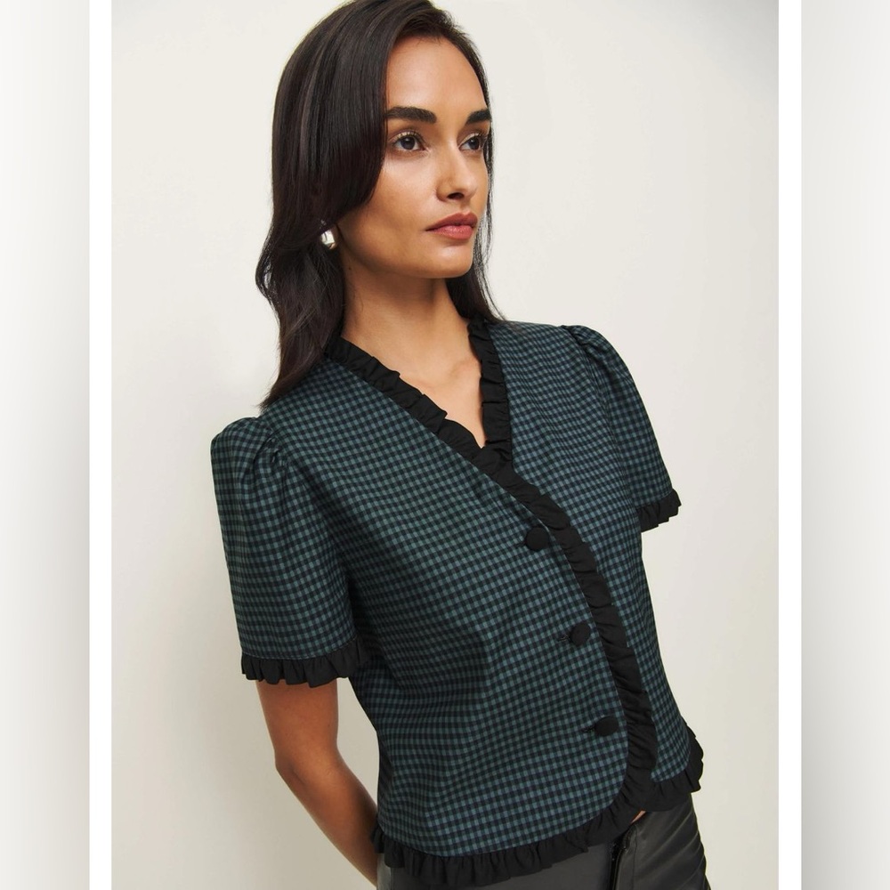 Nwt Reformation Bess linen top in dark slate check - size m - Picture 2 of 4